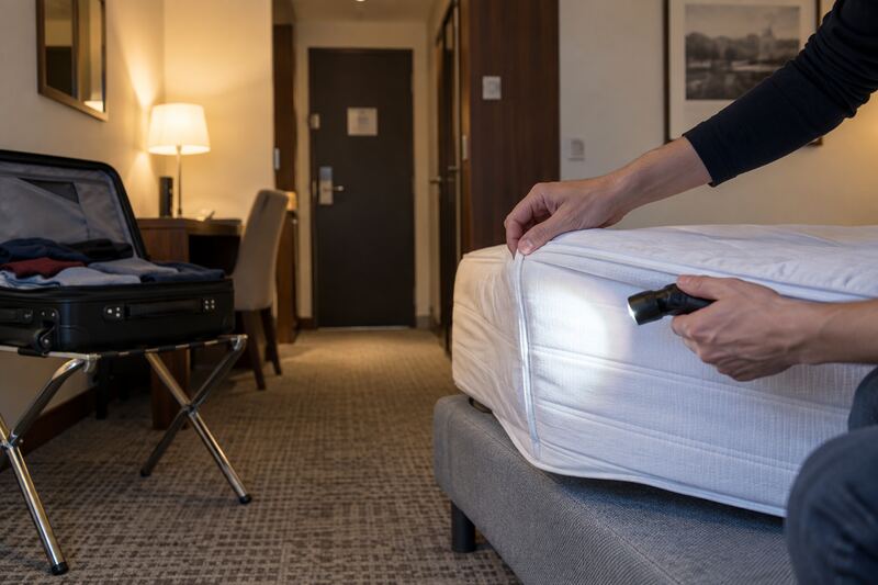 Kontrola szwów materaca w pokoju hotelowym