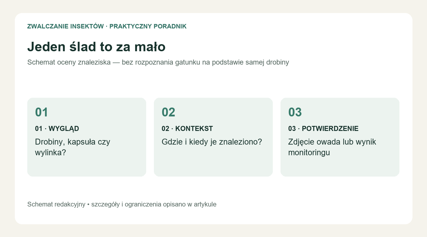 Jeden ślad to za mało. 01 · WYGLĄD: Drobiny, kapsuła czy wylinka?. 02 · KONTEKST: Gdzie i kiedy je znaleziono?. 03 · POTWIERDZENIE: Zdjęcie owada lub wynik monitoringu
