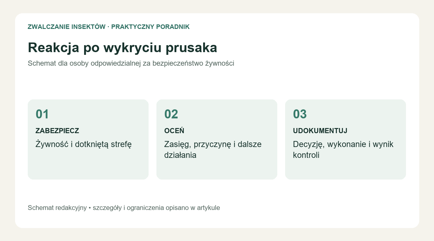 Reakcja po wykryciu prusaka. ZABEZPIECZ: Żywność i dotkniętą strefę. OCEŃ: Zasięg, przyczynę i dalsze działania. UDOKUMENTUJ: Decyzję, wykonanie i wynik kontroli